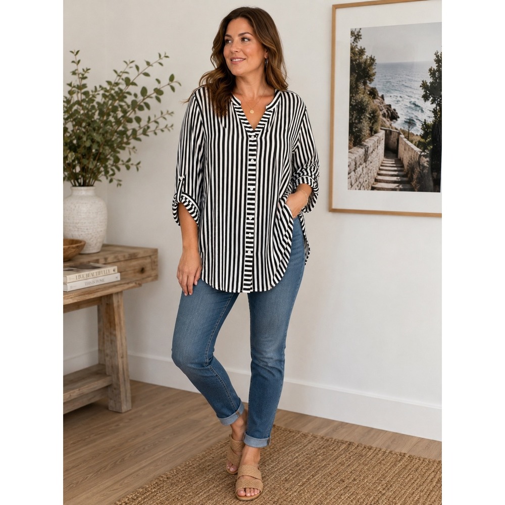 Club Z Collection 3X Black White Stripe Blouse Tunic Roll Tab Button Shirt